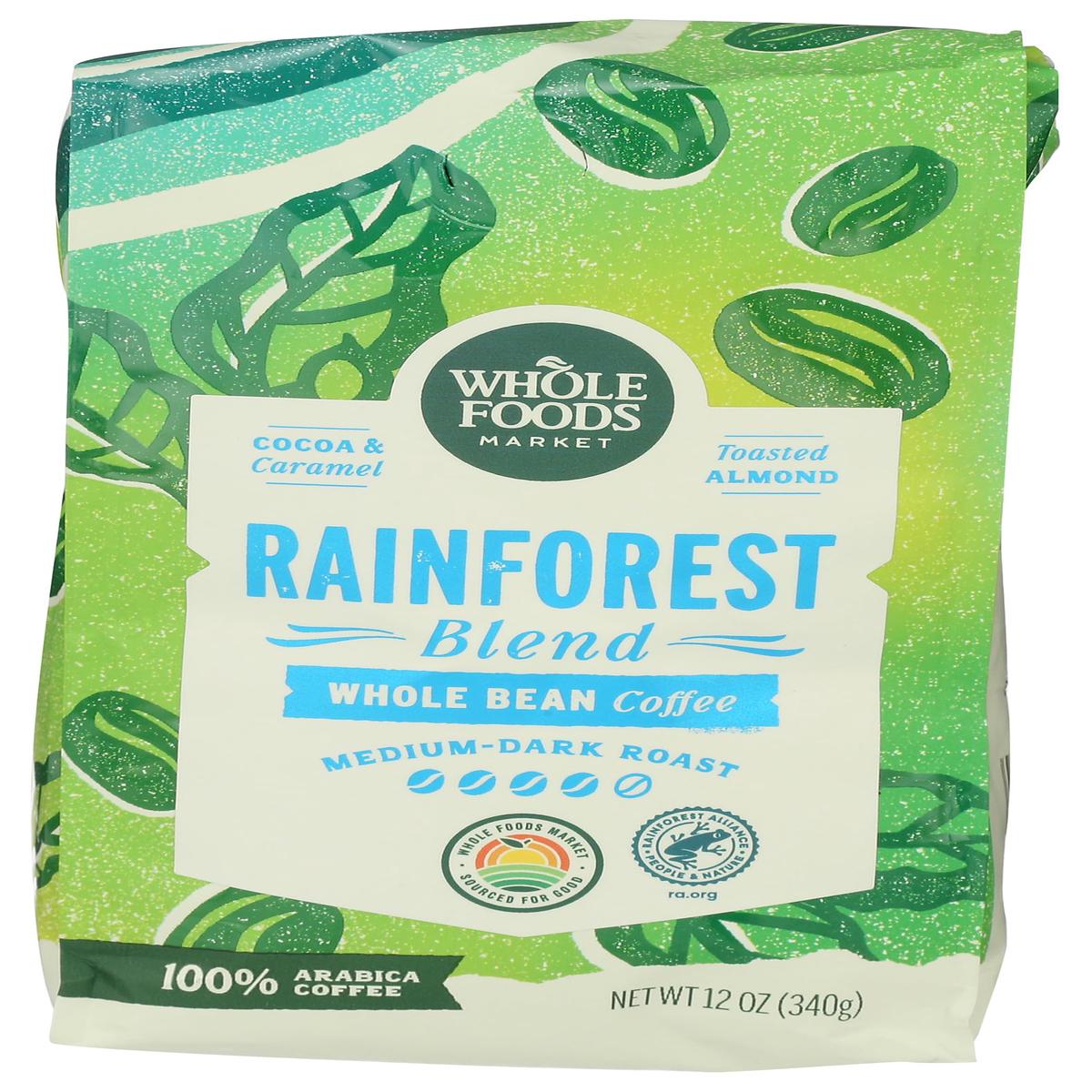 Whole Foods Market Rainforest Blend Coffee, Medium-Dark Roast, Whole Bean, 12 Ounce - Rich Flavor, Fair Trade Certified