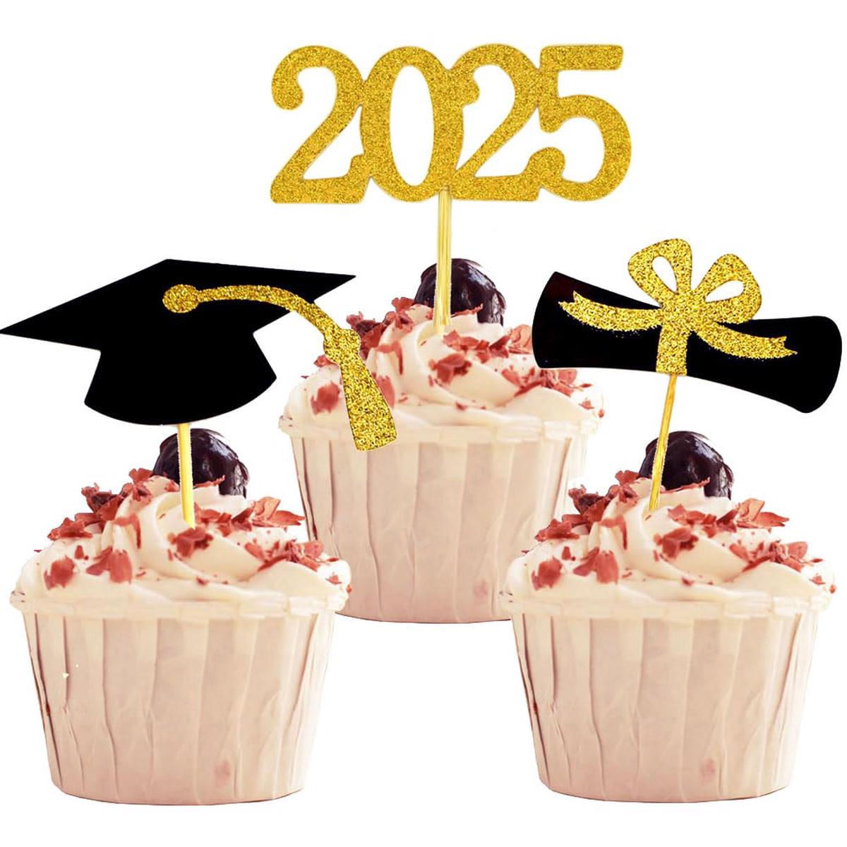 YuBoBo Graduation Cupcake Toppers, 48 PCS Food Picks, Gold, Paper, Grad Cap & Diploma Decorations