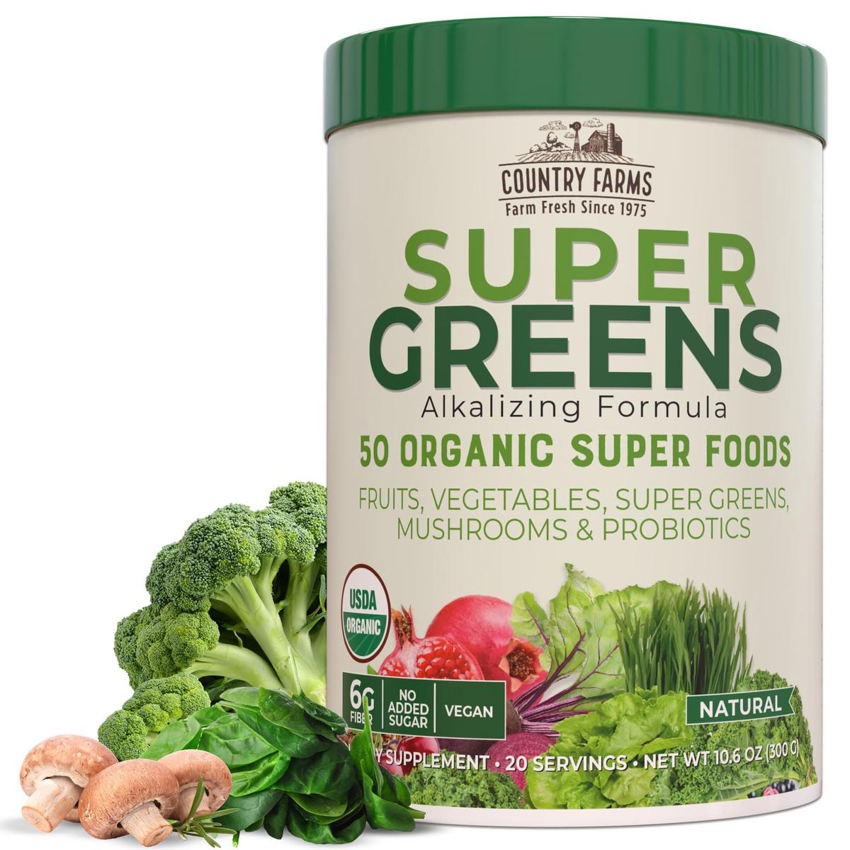 COUNTRY FARMS Super Greens Drink Mix, 50 Organic Super Foods, 10.6 Oz, Multi Color, Model N9267