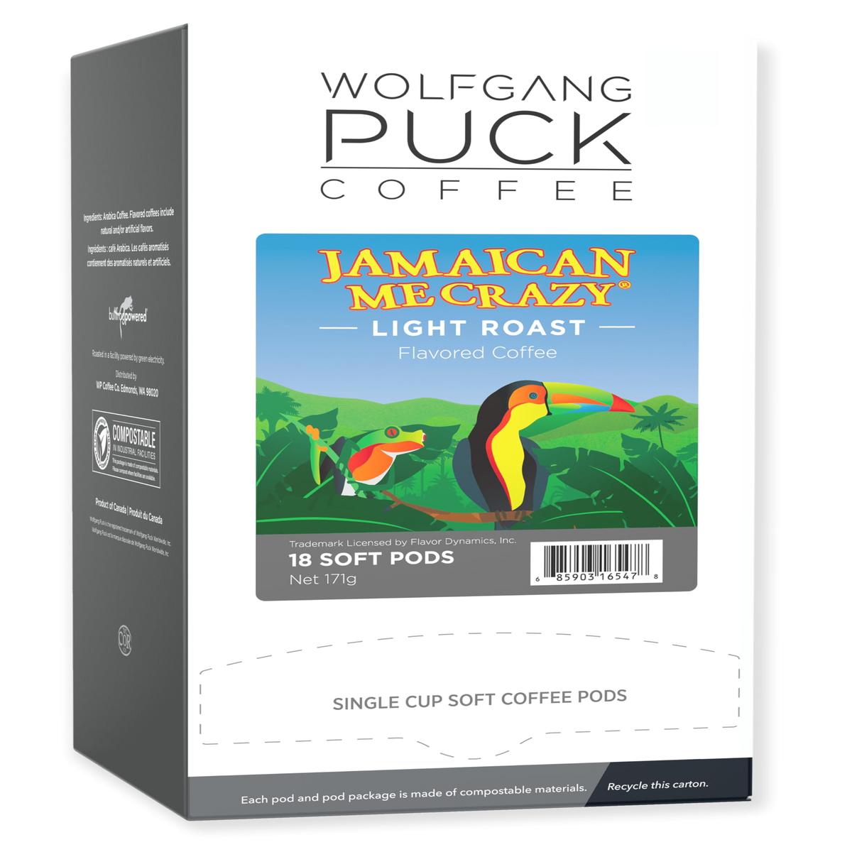Wolfgang Puck Coffee, Jamaica Me Crazy, 9.5 Gram Soft Pods, 18 Count (Pack of 6)