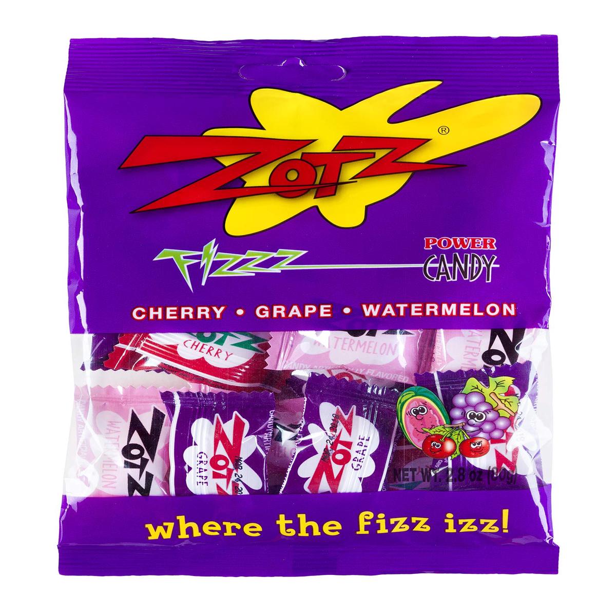 Zotz Fizz Power Candy Assorted - Fruit Flavored Hard Candy with a Fizzy Center | 80g Bag, Pack of 12 | Cherry, Grape & Watermelo