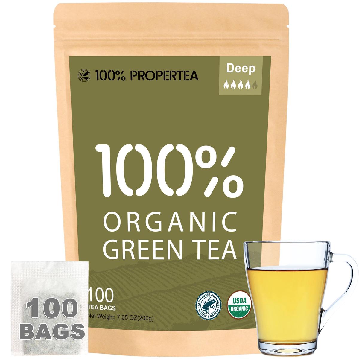100% Propertea Organic Green Tea Bags, 100 Count Eco-Friendly Tea Bags, Deep Taste, Caffeinated, Rich In Antioxidants, Resealable Pouch