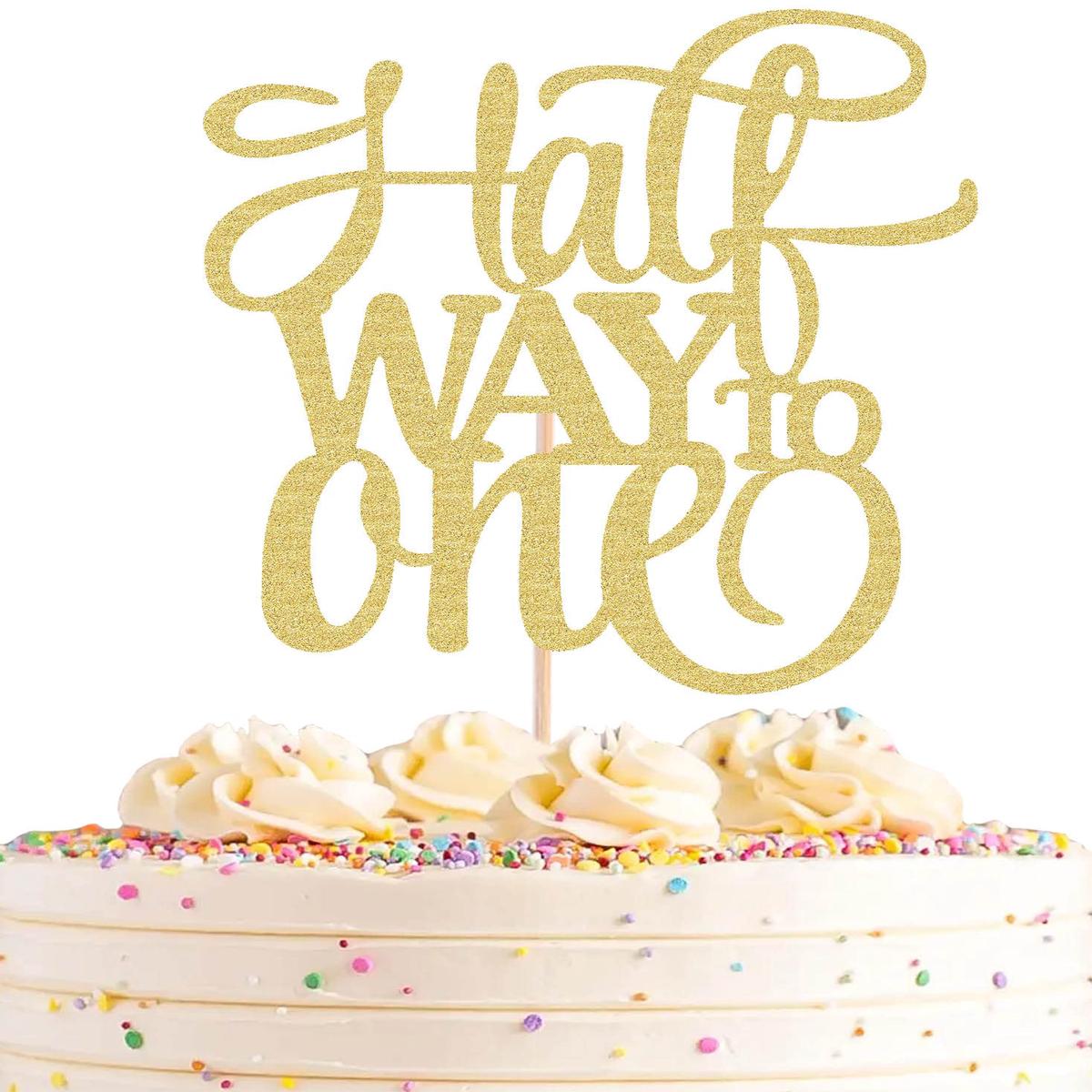 Ahaoray Half Way To One Cake Topper - Gold Glitter 6 Months Birthday Decorations Supplies - Half Birthday Decorations Baby Girl, For Baby Shower/Gender Reveal Party Photo Booth Props