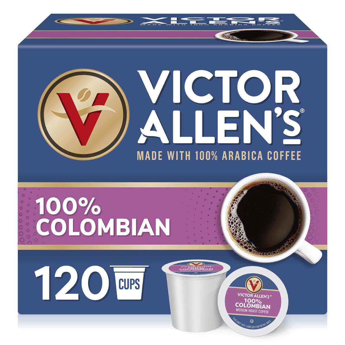 Victor Allens Coffee 100% Colombian Medium Roast Single Serve Pods, 120 Count, Brown