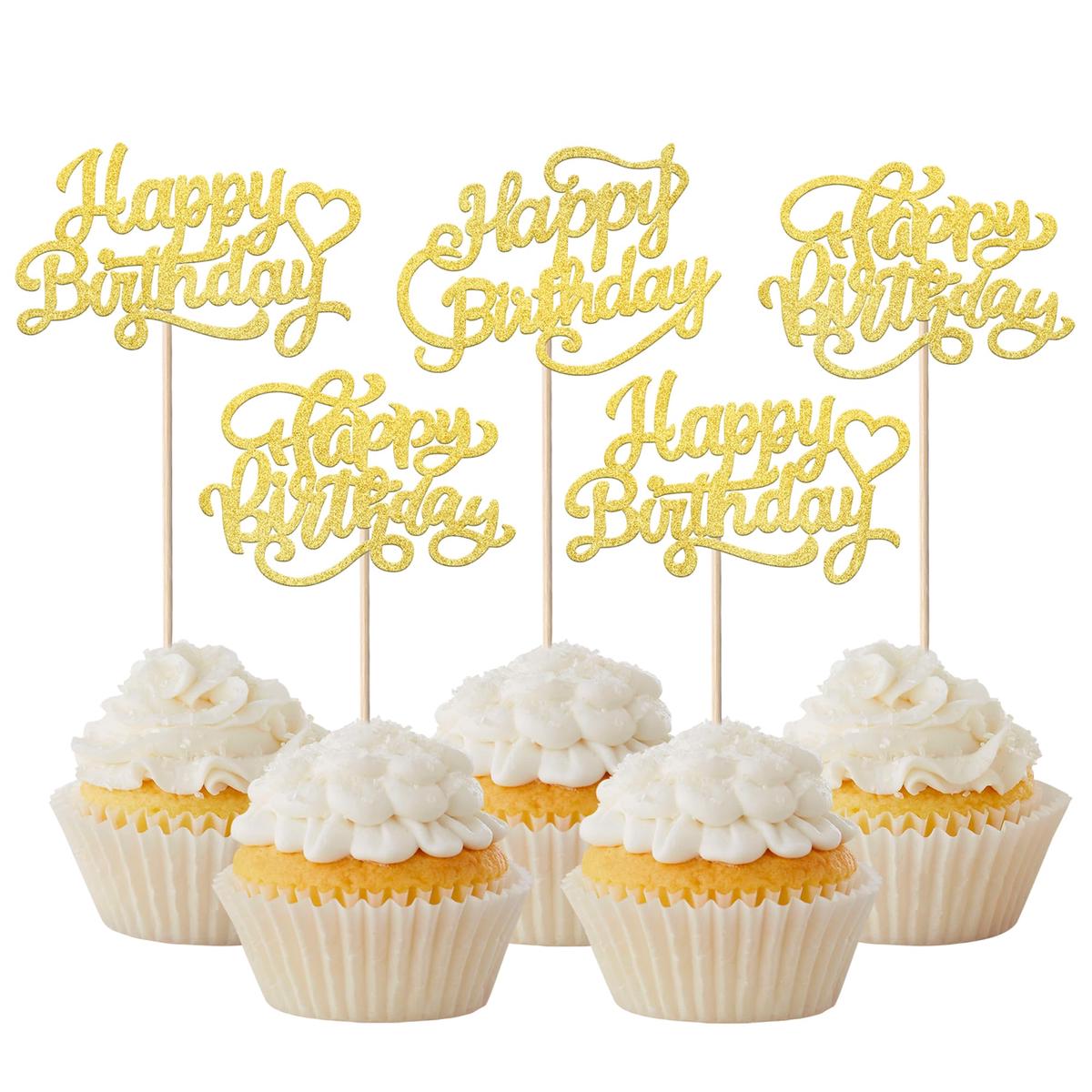 YCTHUNFISH 30 Pack Cupcake Toppers Gold Glitter Bamboo Birthday Party Decorations