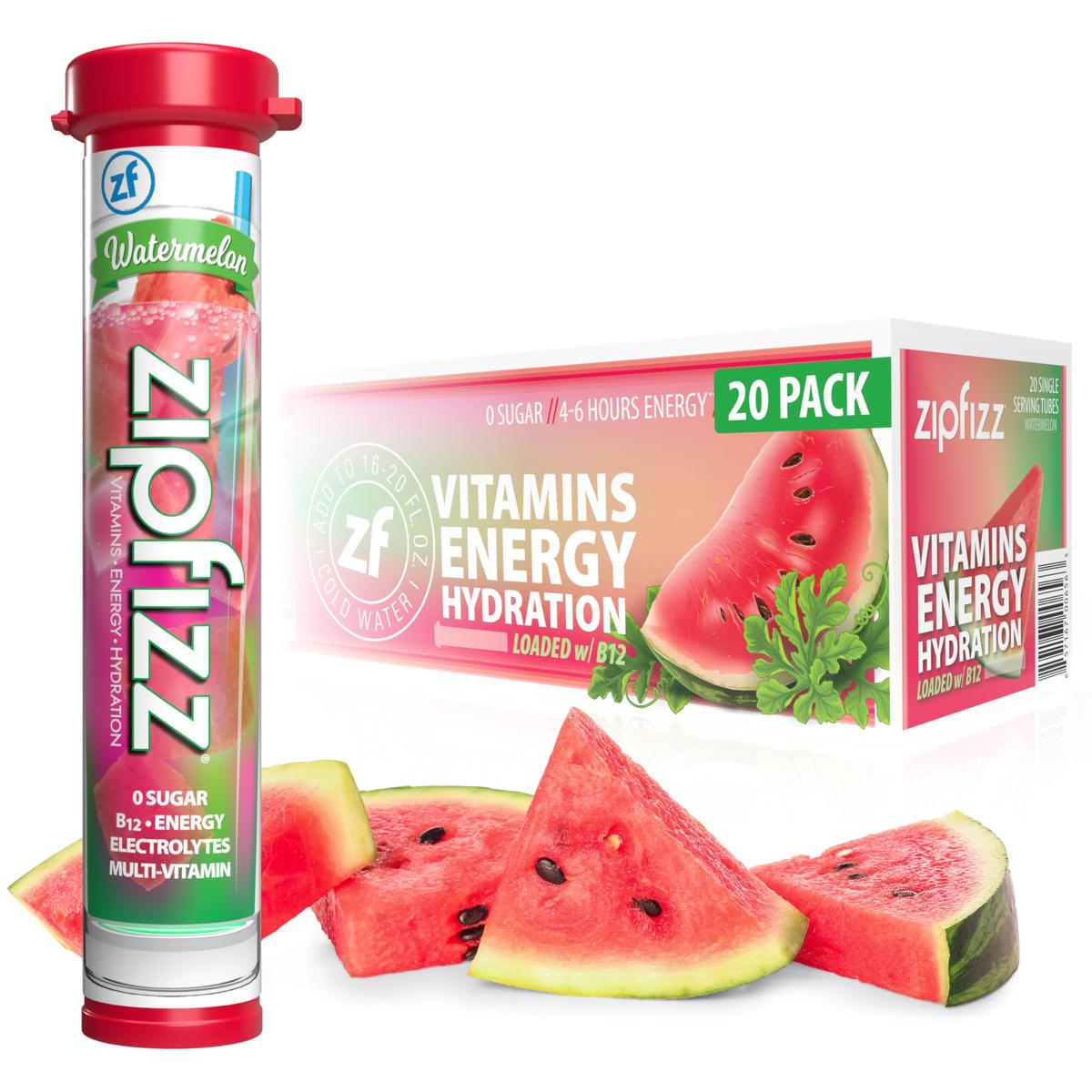 Zipfizz Daily Energy Drink Powder, Sugar-Free, Electrolyte Powder, 20 Pack, Watermelon, Contains Vitamin B-12 & Antioxidants