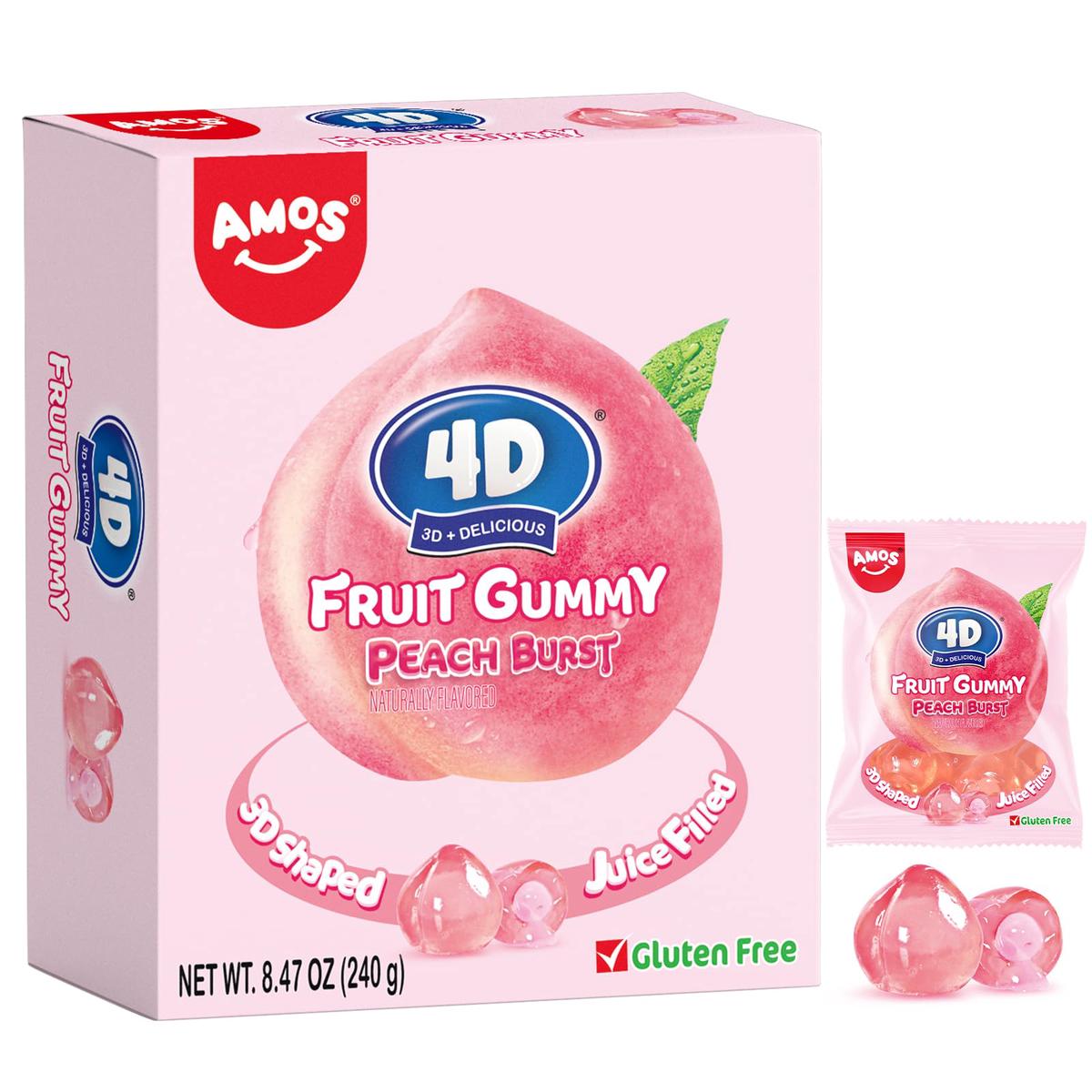 Amos 4D Gummy Candy Peach Burst - 3D Peach Shaped, Jelly-Filled, Natural Flavor Fruit Gummy - 240G Box (Pack Of 10) - Fruit-Fill