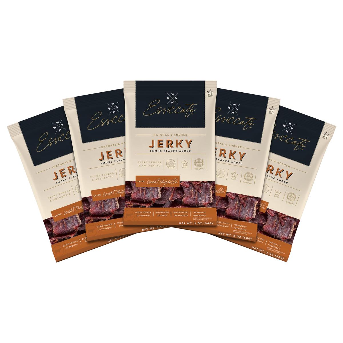 Aufschnitt Essicata Beef Jerky - Extra Tender, Grass Fed, Low Sodium - Made In Usa - Certified Kosher - Keto & Halal Friendly - 5 Pack, Sweet Chipotle