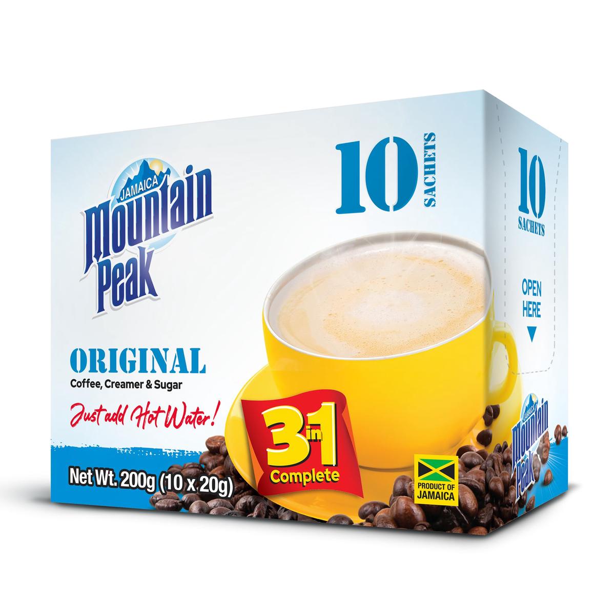 Jamaica Mountain Peak Original 3 in 1 Instant Coffee Mix  Coffee Creamer and Cane Sugar (10 Sachets x 20g)  Classic Smooth Flavor  Rich and Creamy  Just Add Water