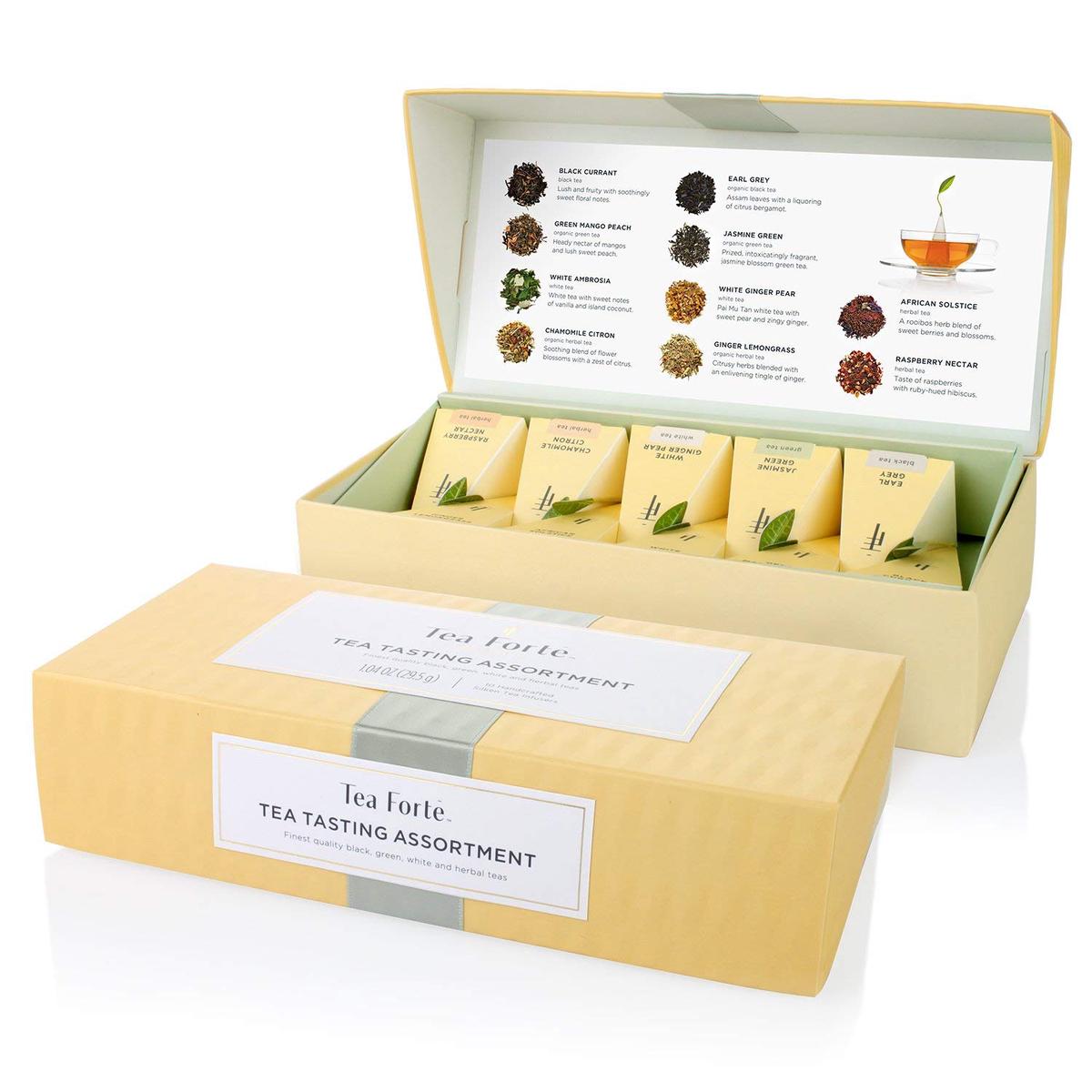 Tea Forte Tea Tasting Assortment Premium Tea Petite Presentation Box, Tea Sampler Gift Set, 10 Count, 1 Of Each Variety Individually Wrapped Handcrafted Pyramid Infuser Bags