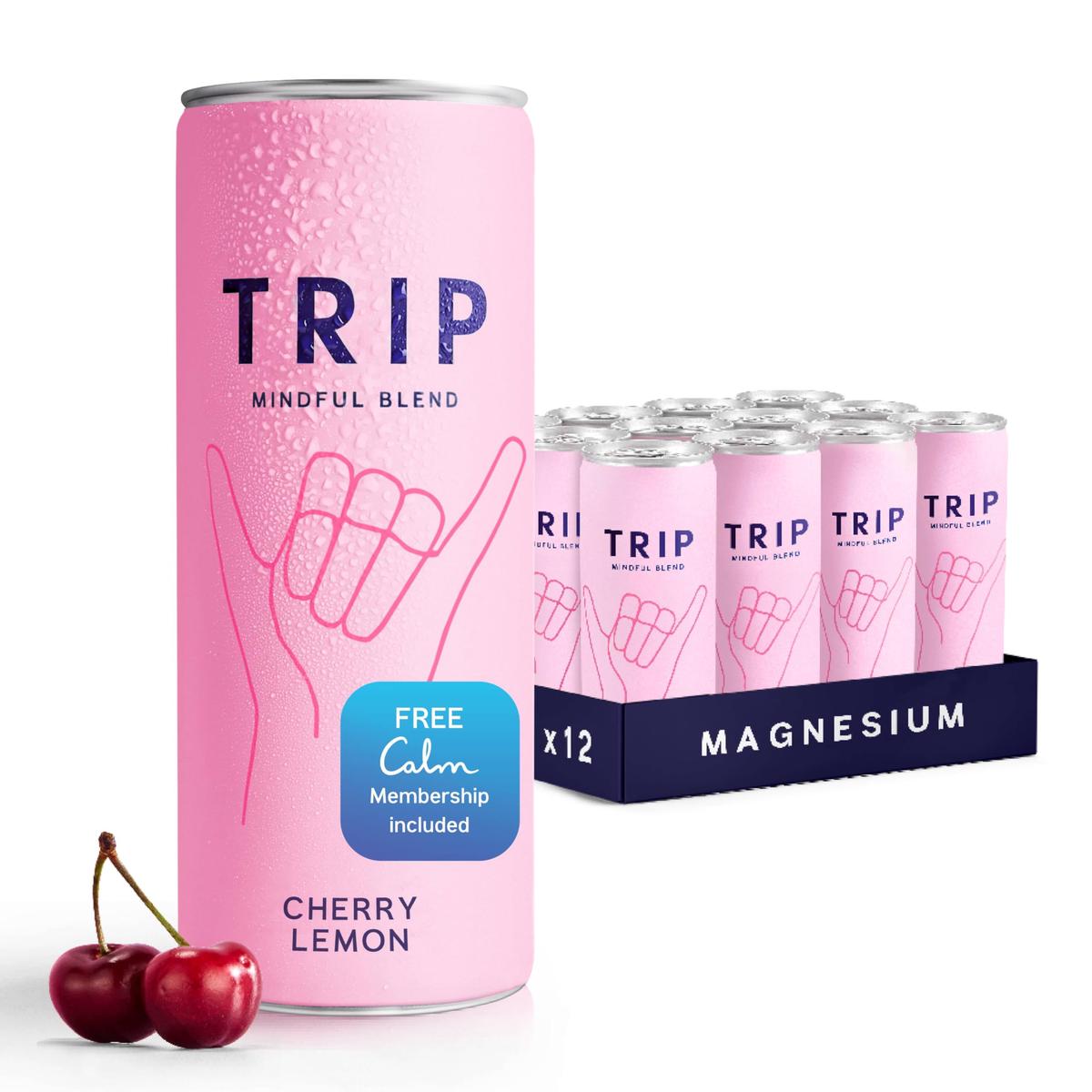 Trip Mindful Blend  Lightly Sparkling Adaptogen Seltzer  Mocktail w/ 120mg Magnesium Citrate with Ashwagandha  Lions Mane & L Theanine  No Added Sugar  Vegan  Cherry Lemon  12 Oz  12Pk