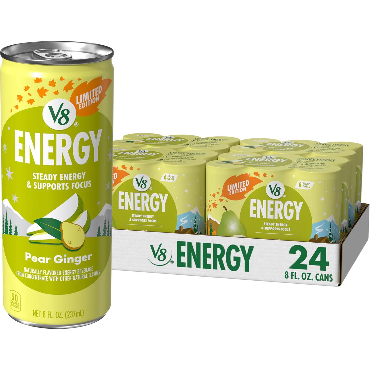 V8 Energy Pear Ginger Drink, Pack of 24 (8 fl oz)  Refreshing Energy Boost in Convenient Cans