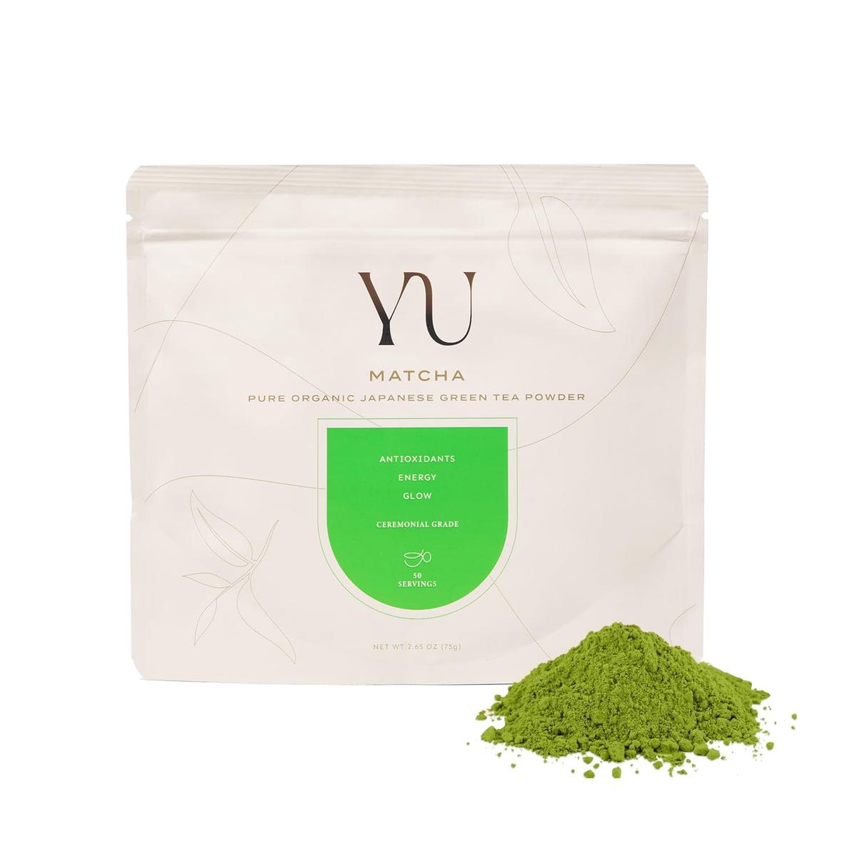 Yu Organic Ceremonial Grade Matcha Powder, Antioxidant-Rich, Unsweetened, 2.65 oz Pouch (50 Servings)