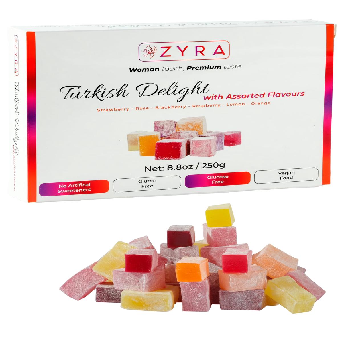 Zyra Turkish Delight - 8.8Oz - Woman Owned Brand - Luxury With Assorted Fruit - Rose, Strawberry, Raspberry, Blackberry, Lemon, Orange - Authentic Enhanced Lokum Confectionery - Gifts For Everyone