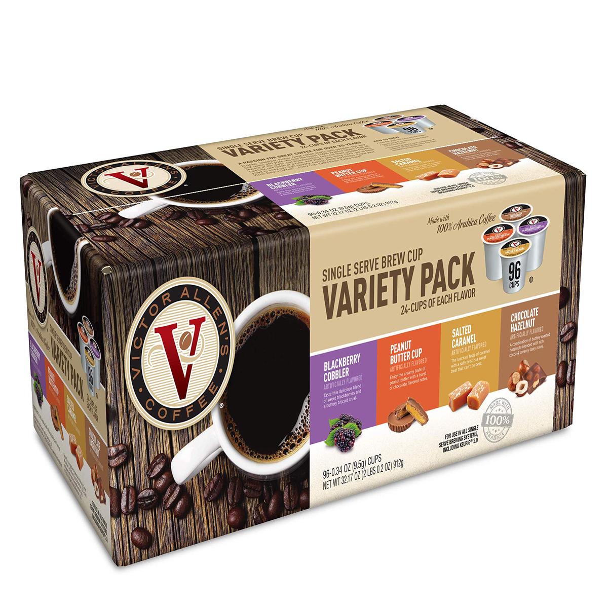 Victor Allens Coffee Sweet and Salty Flavored Coffee Variety Pack, 96 Count Single Serve Pods for Keurig, Brown