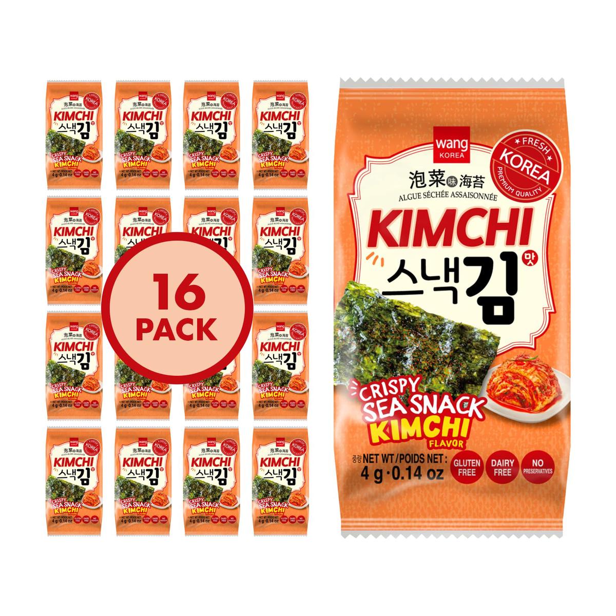 Wang Korean Roasted Seaweed Snack with Kimchi Flavor, Crispy 0.14 oz, Pack of 16