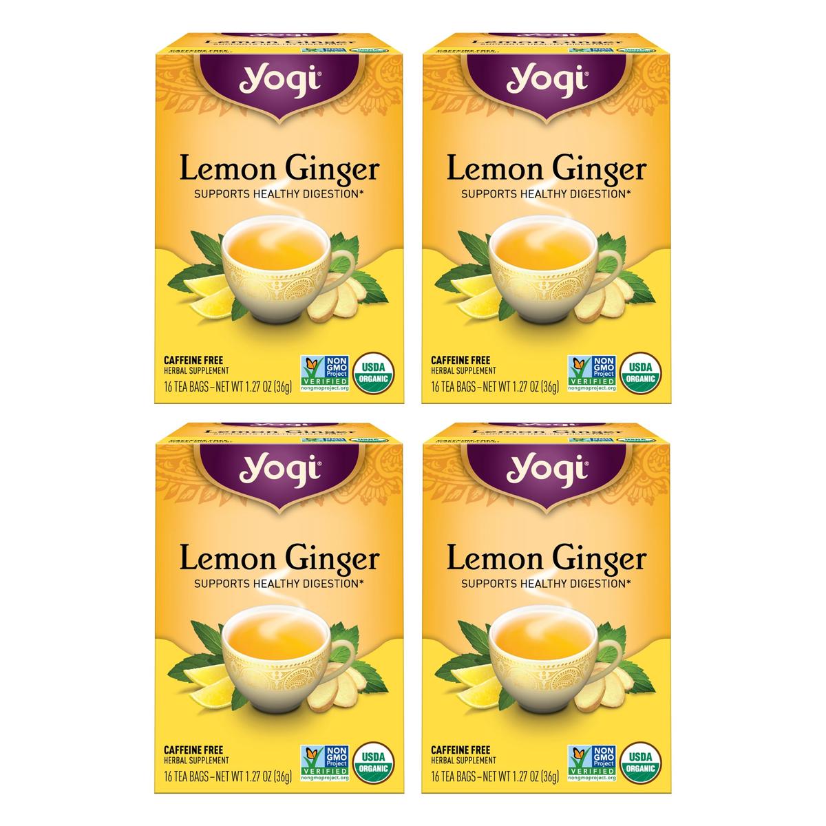 Yogi Tea Lemon Ginger Tea - 16 Tea Bags per Pack (4 Packs) - Organic Ginger Root Tea to Support Healthy Digestion - Includes Lem