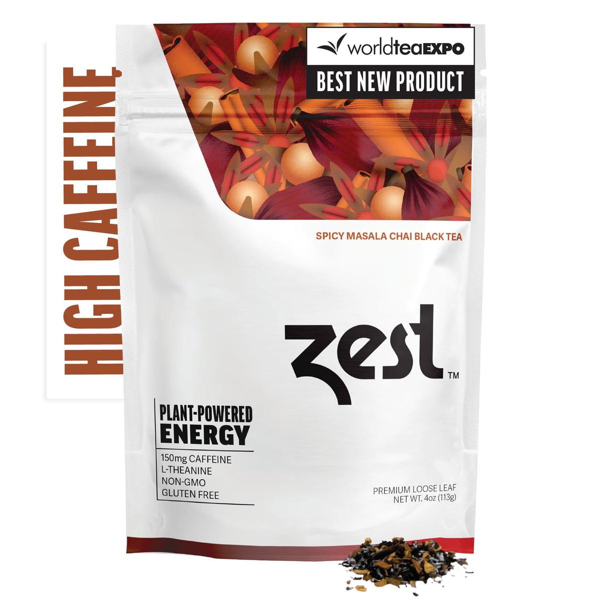 Zest Energy Black Tea - Spicy Masala Chai Loose Leaf Blend - High Caffeine Cardamom Ginger Tea With Cinnamon - Caffeinated Coffee Altnernative - Natural, Non-Gmo & Keto - 50 Servings - 150Mg Caf