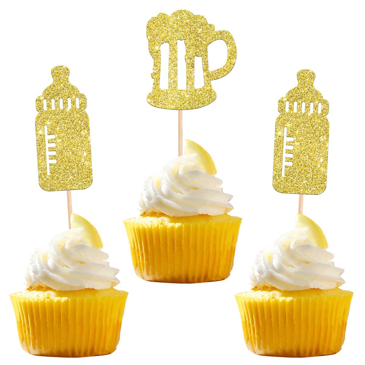 ZHUOWEISM Baby Bottle Cupcake Toppers, 30 PCS Gold Glitter, Small, Design4 for Baby Showers and Birthday Parties