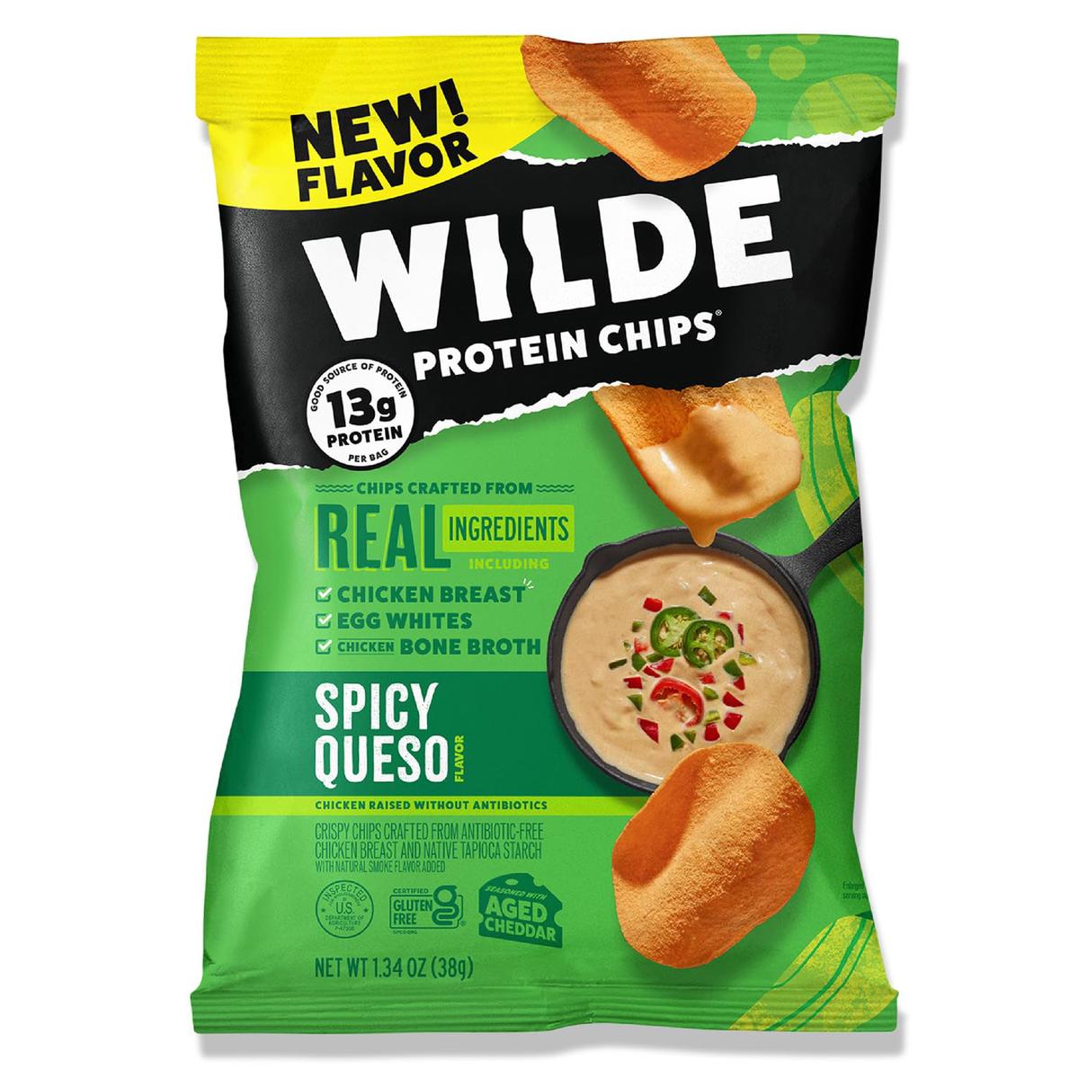 WILDE Protein Chips Spicy Queso, Thin and Crispy High Protein Snacks, Keto Friendly, Low Carb Chips, Real Ingredients, 1.34oz (P