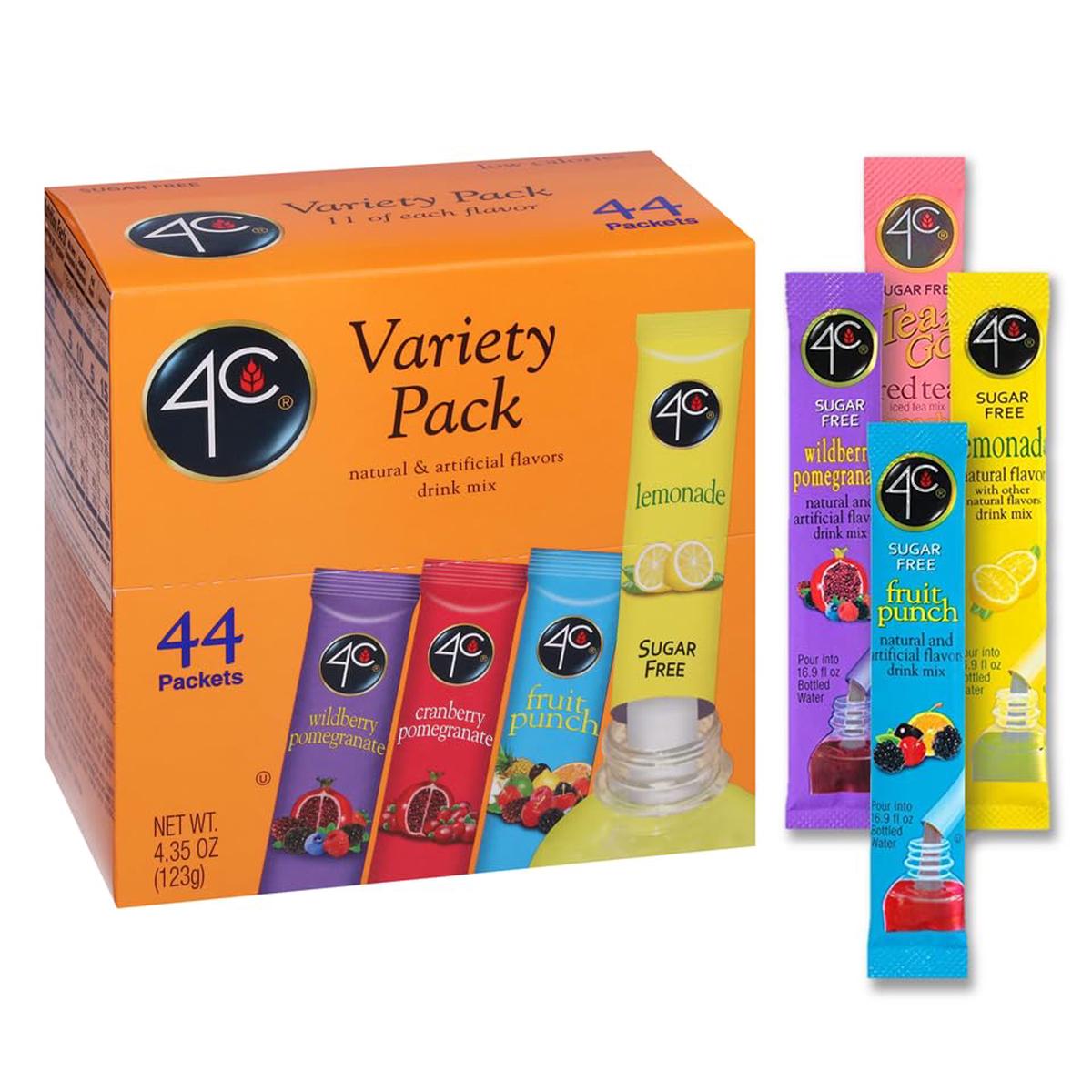 4C Powder Drink Mix Packets - Sugar Free Water Flavorings, 44 Count Variety Pack (Wild Berry Pomegranate, Cranberry-Pomegranate, Fruit Punch, Lemonade)