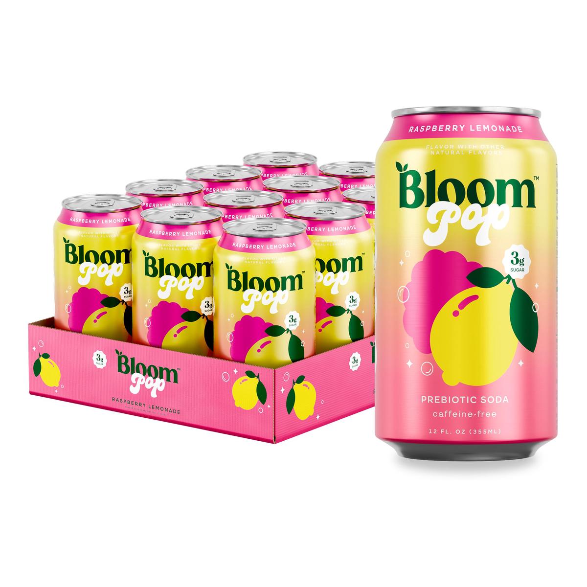 Bloom Pop Prebiotic Soda 12 Pack  Raspberry Lemonade Flavor  12oz Cans | Prebiotic Soda for Gut Health  Low Calorie Soda  No Caffeine  Healthy Soft Drink Alternative