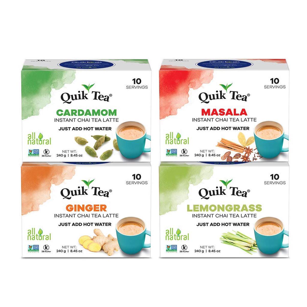 Quiktea Chai Tea Latte 4 Flavor Variety Pack, Cardamom/Masala/Ginger/Lemongrass, 34 Oz