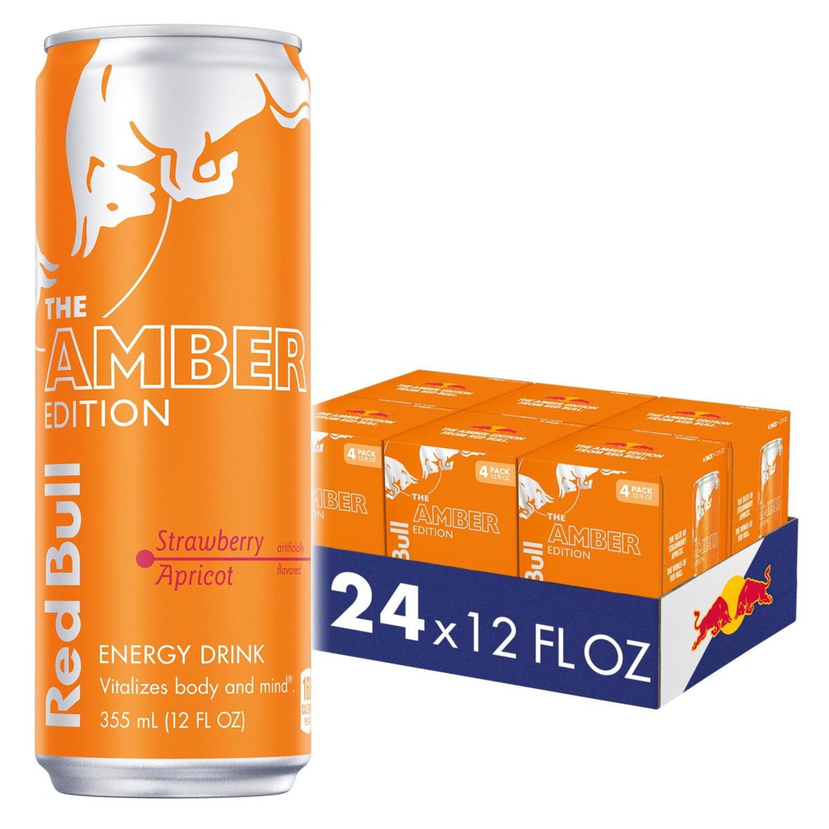 Red Bull Amber Edition Energy Drink, Strawberry Apricot, With 114Mg Caffeine Plus Taurine & B Vitamins, 12 Fl Oz, 6 Packs Of 4 Cans (Pack Of 24)