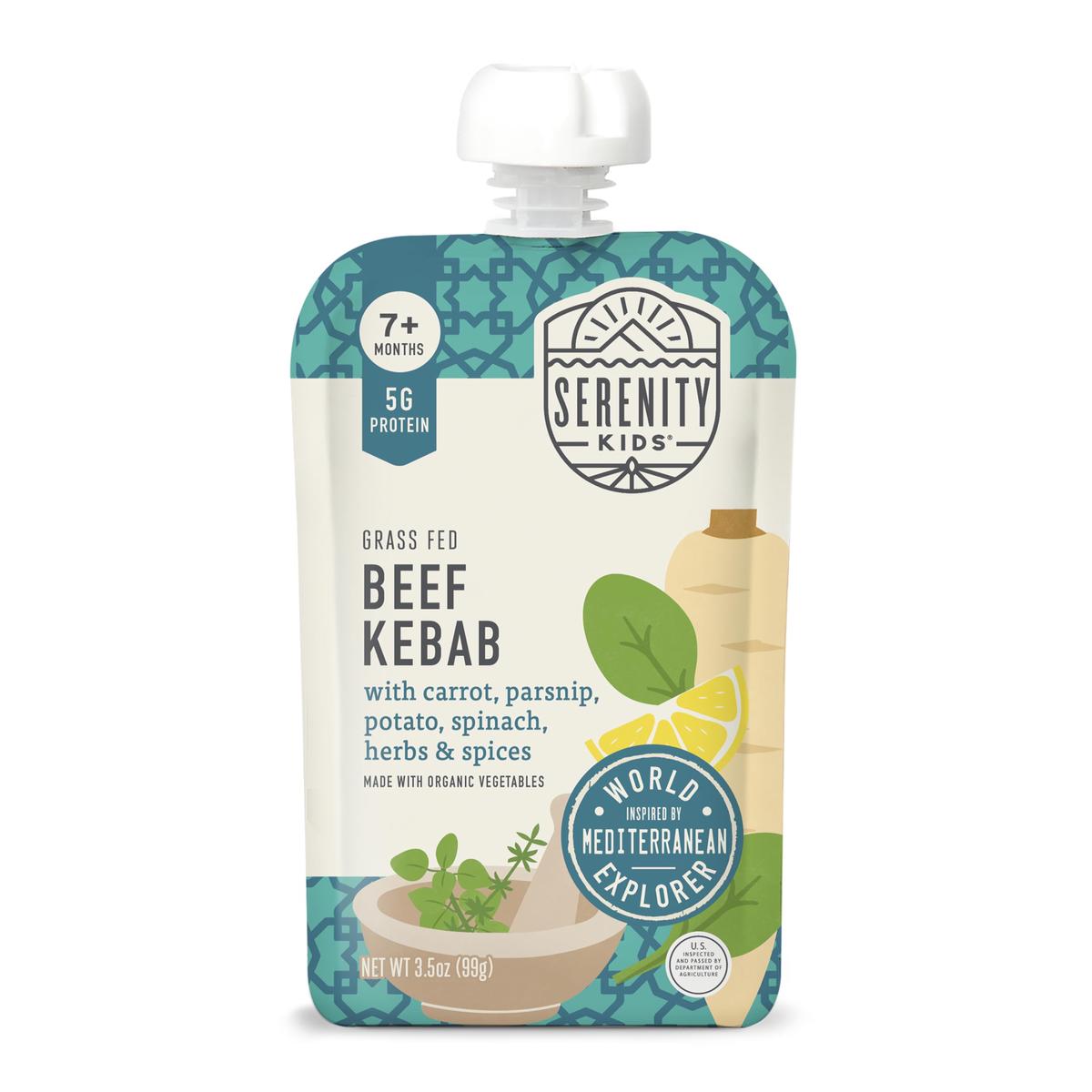 Serenity Kids 7+ Months World Explorers Baby Food Pouch - Beef Kebab, 3.5 Oz, Pack Of 12-5G Protein Pouch - Nutrient-Packed Meat Baby Food - On-The-Go Toddler Snacks