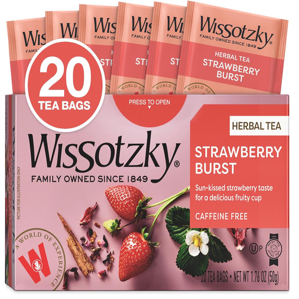 Wissotzky Strawberry Burst Herbal Tea, 20 Tea Bags | Fruity Blend | Caffeine Free Tea | Antioxidant Rich