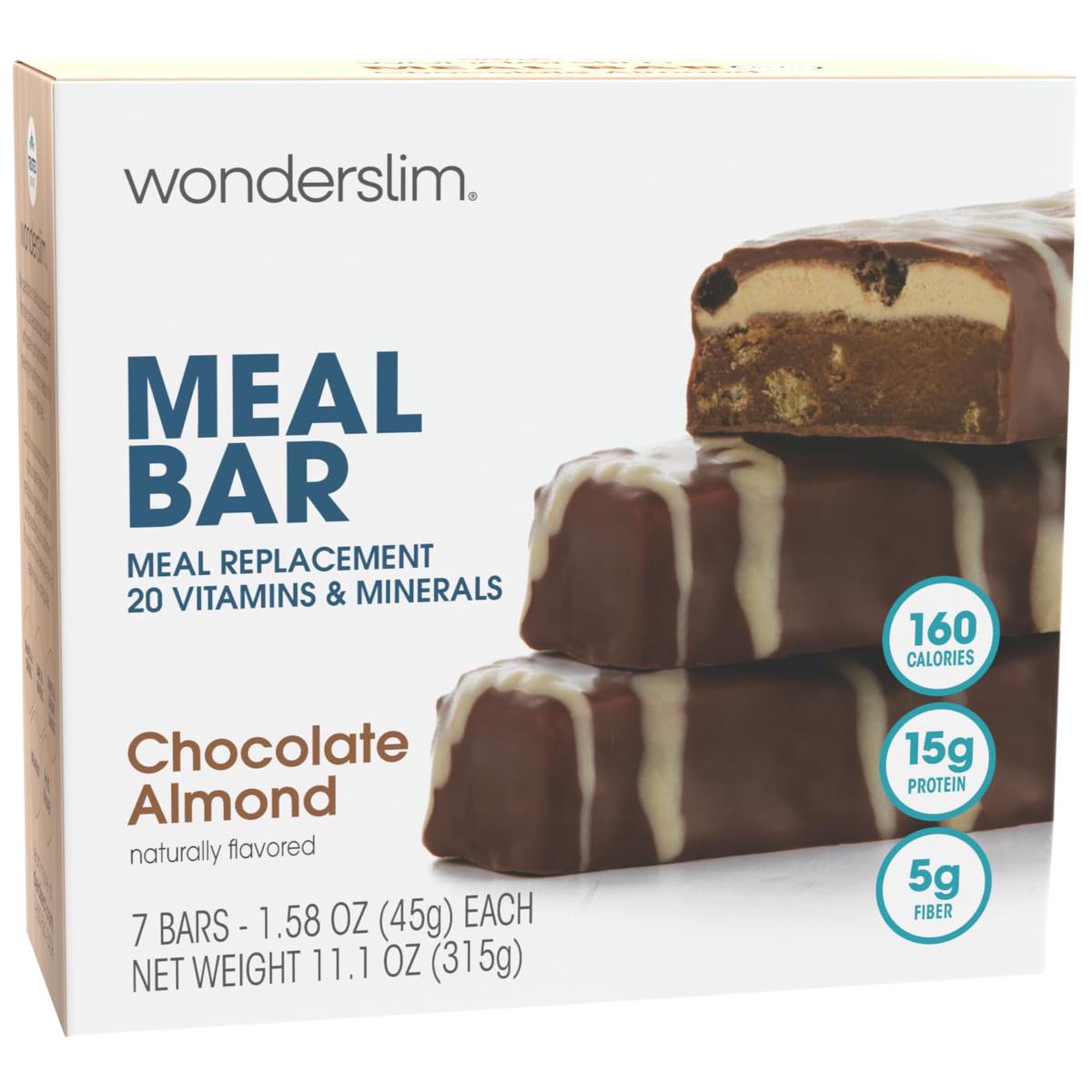 Wonderslim Meal Replacement Protein Bar, Chocolate Almond, 15G Protein, 20 Vitamins & Minerals (7Ct)