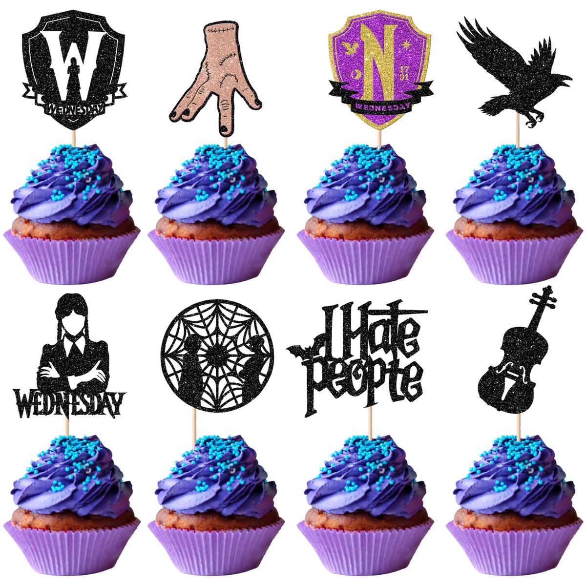 YCTHUNFISH Cupcake Toppers, 24 Pack Glitter Wednesday Addams, Paper, W 6.2 x H 7.8, Black Bat Girl Birthday Party Decorations