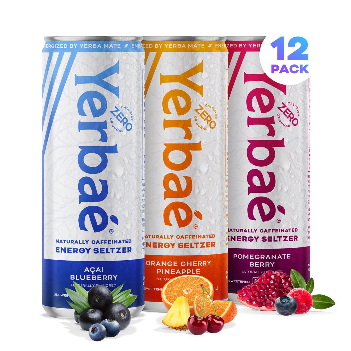 Yerba Energy Seltzer - Variety Performance Pack. No Sugar/Calories/Carbs. Energized By Yerba Mate Naturally Caffeinated Plant-Based, Healthy Alternative To Coffee/Sugary Sodas, Pack Of 12, 12Oz Cans