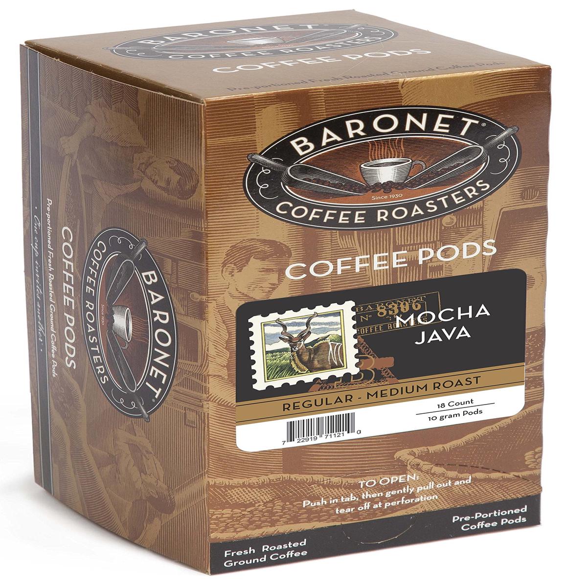 Baronet Coffee Pods Mocha Java, 54 Flavored Single Serve Pads, Medium Roast, 18 Count (Pack of 3)