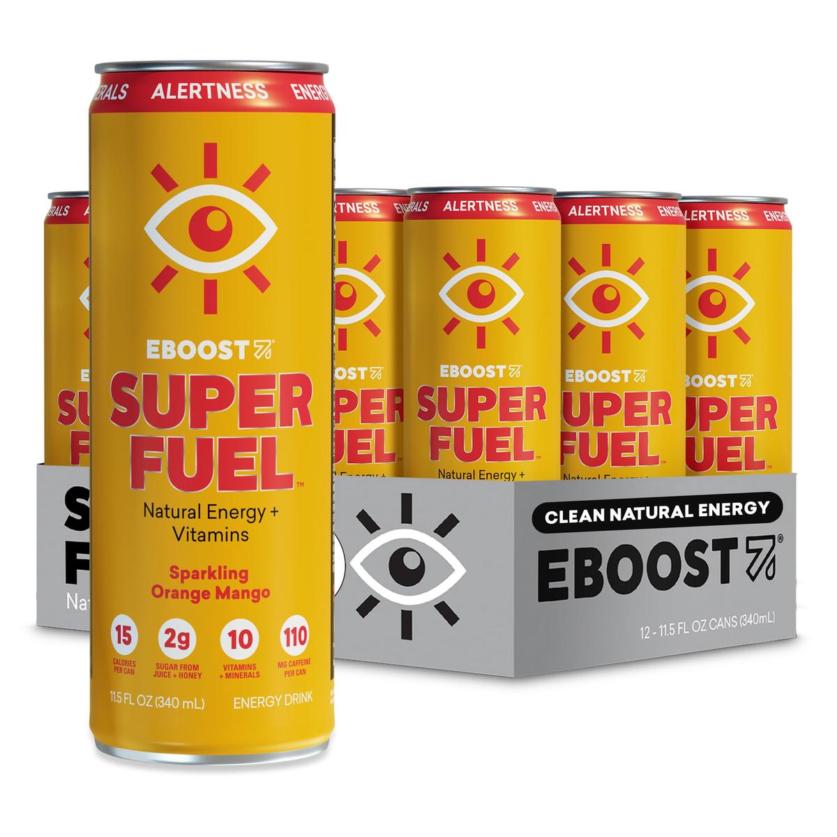 Eboost Super Fuel Healthy Energy Drink - Caffeine From Natural & Clean Ingredients For Focus And Productivity -Taurine Free Pre-Workout With Electrolytes, Nootropic & Vitamins - Orange Mango, 12 Pack