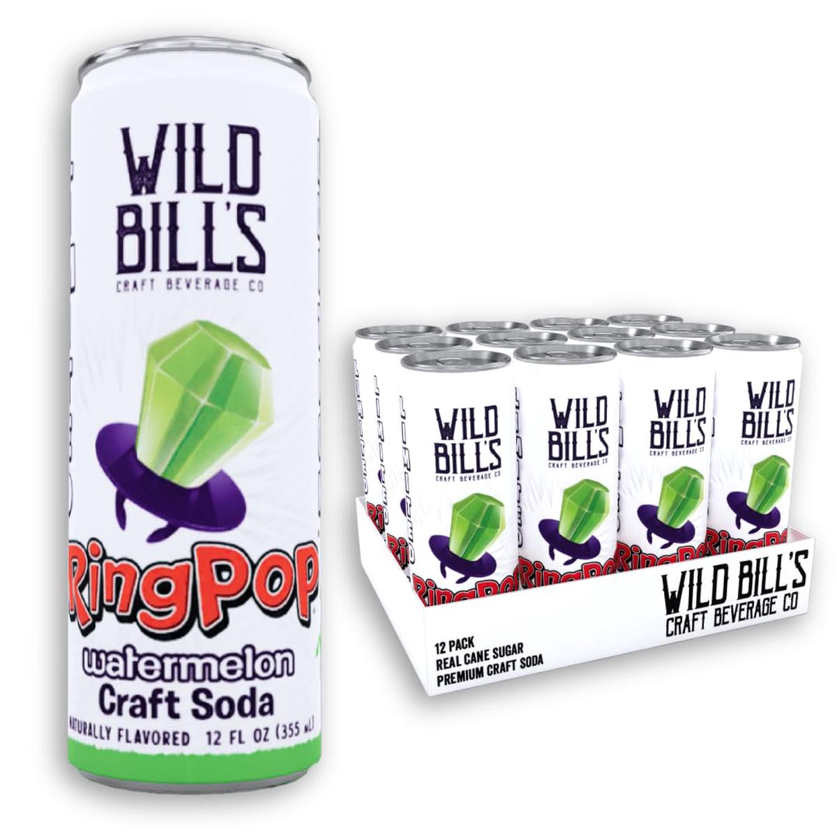 Wild Bills Watermelon Ring Pop Craft Soda - Pure Cane Sugar, Caffeine Free, Vegan, Gluten Free - 12 Oz Cans, 12 Pack