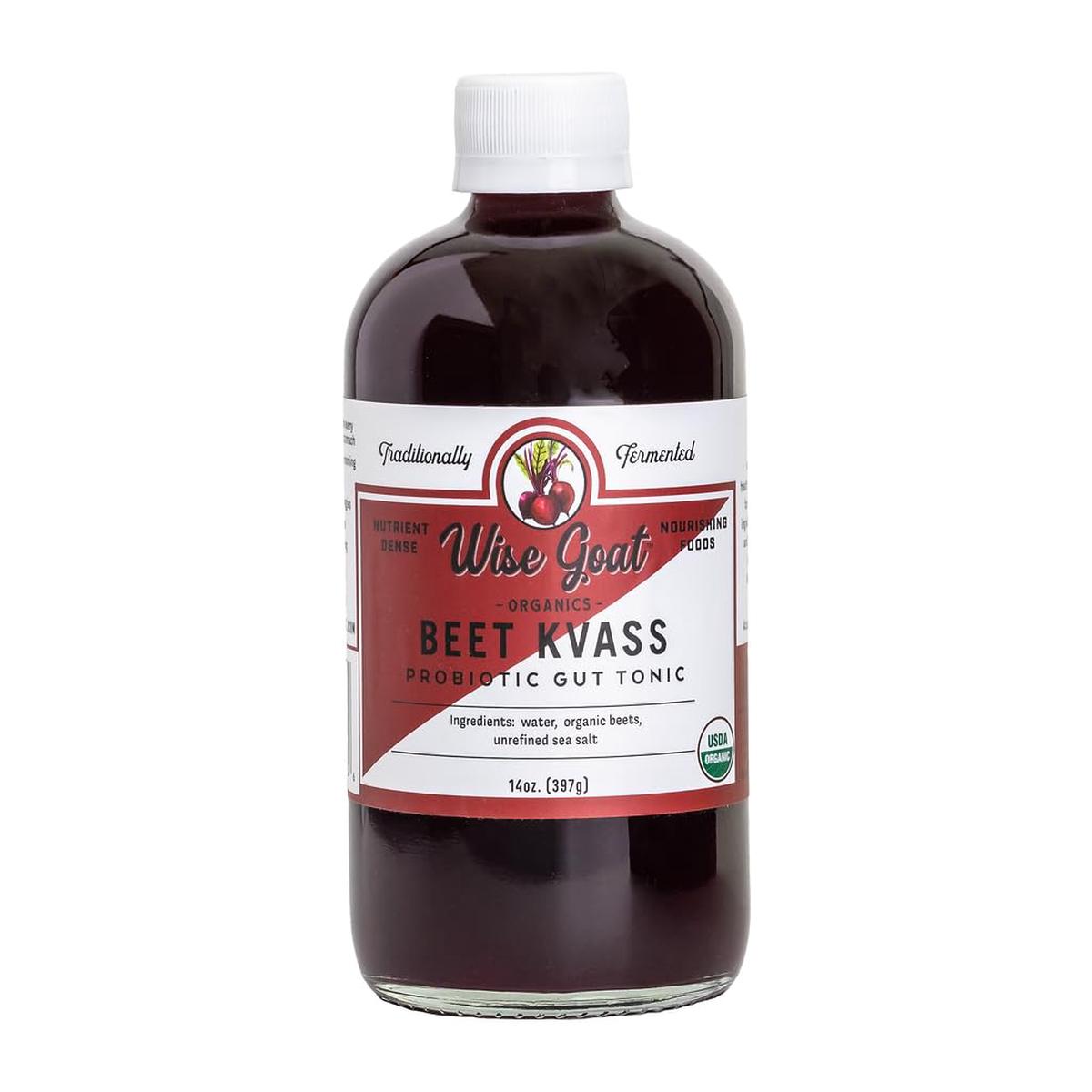 Wise Goat Organics Raw Fermented Probiotic Beet Kvass, 14 oz Glass Jar, 1 lb - Gut Health Drink, Organic & Delicious