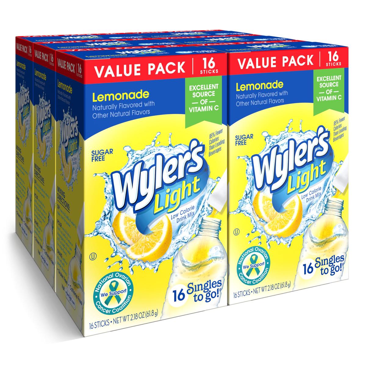 Wyler s Light Singles To Go Powder Packets, Water Drink Mix, Lemonade, 16 Count, 6 Boxes (96 Single Servings)