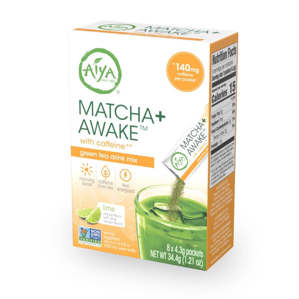 Aiya Matcha+ Awake - Lime Flavored Matcha Energy Drink Mix - 140mg Caffeine per Packet - enhanced Japanese Matcha Green Tea Powder - On-the-Go Energy Boost - 8 Sticks