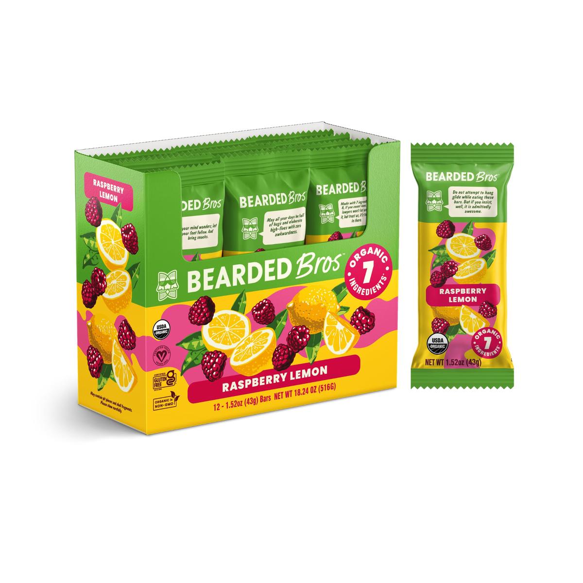 Bearded Brothers Vegan Organic Food Bar - Raspberry Lemon, 12 Pack, Gluten Free, Paleo, Non GMO, Soy Free, Low Glycemic, No Suga