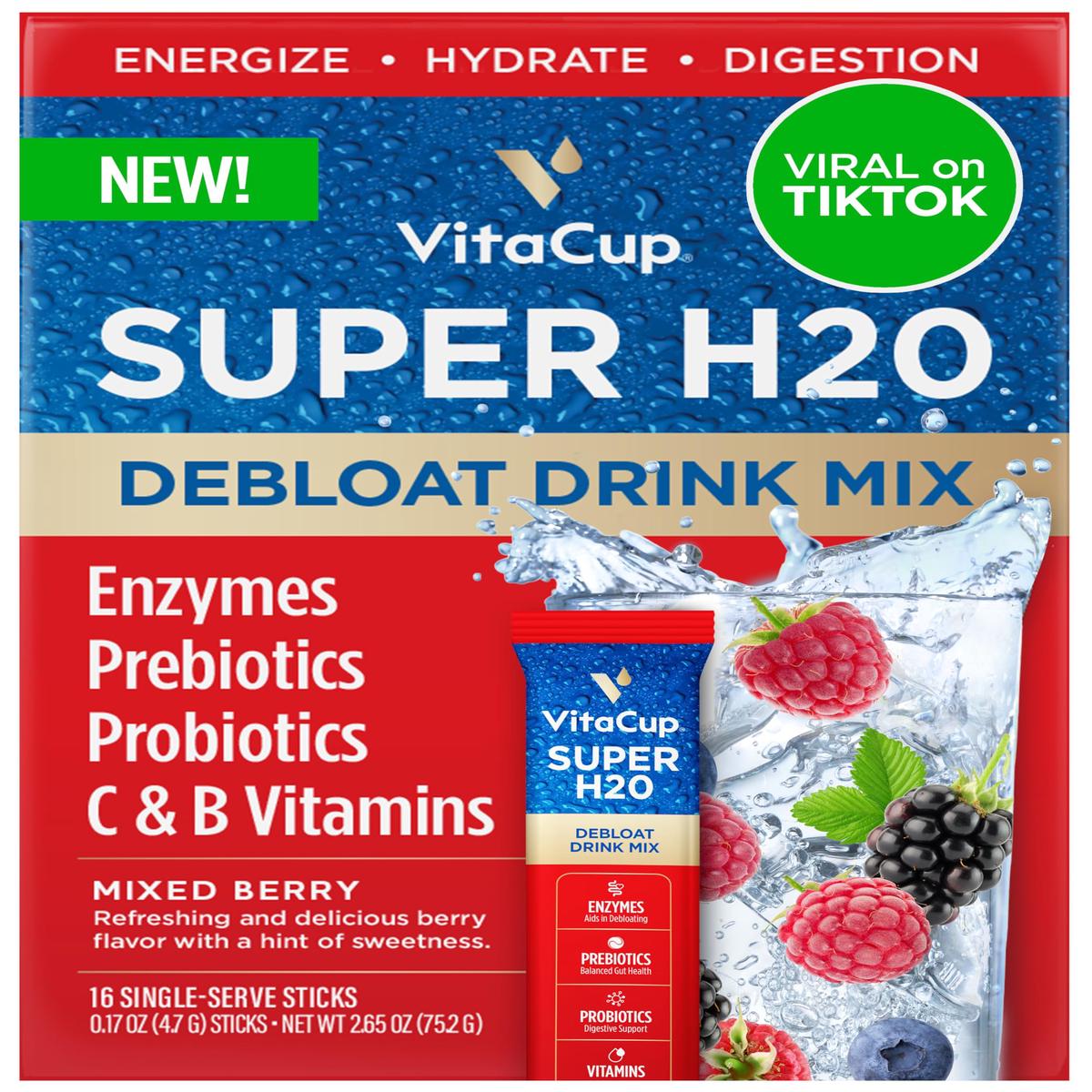 VitaCup Super H2O Bloating Relief and Digestive Health Drink Mix Packets  Probiotics  Prebiotics  C & B Vitamins  Mixed Berry Flavor Water Enhancer Packets  16Ct