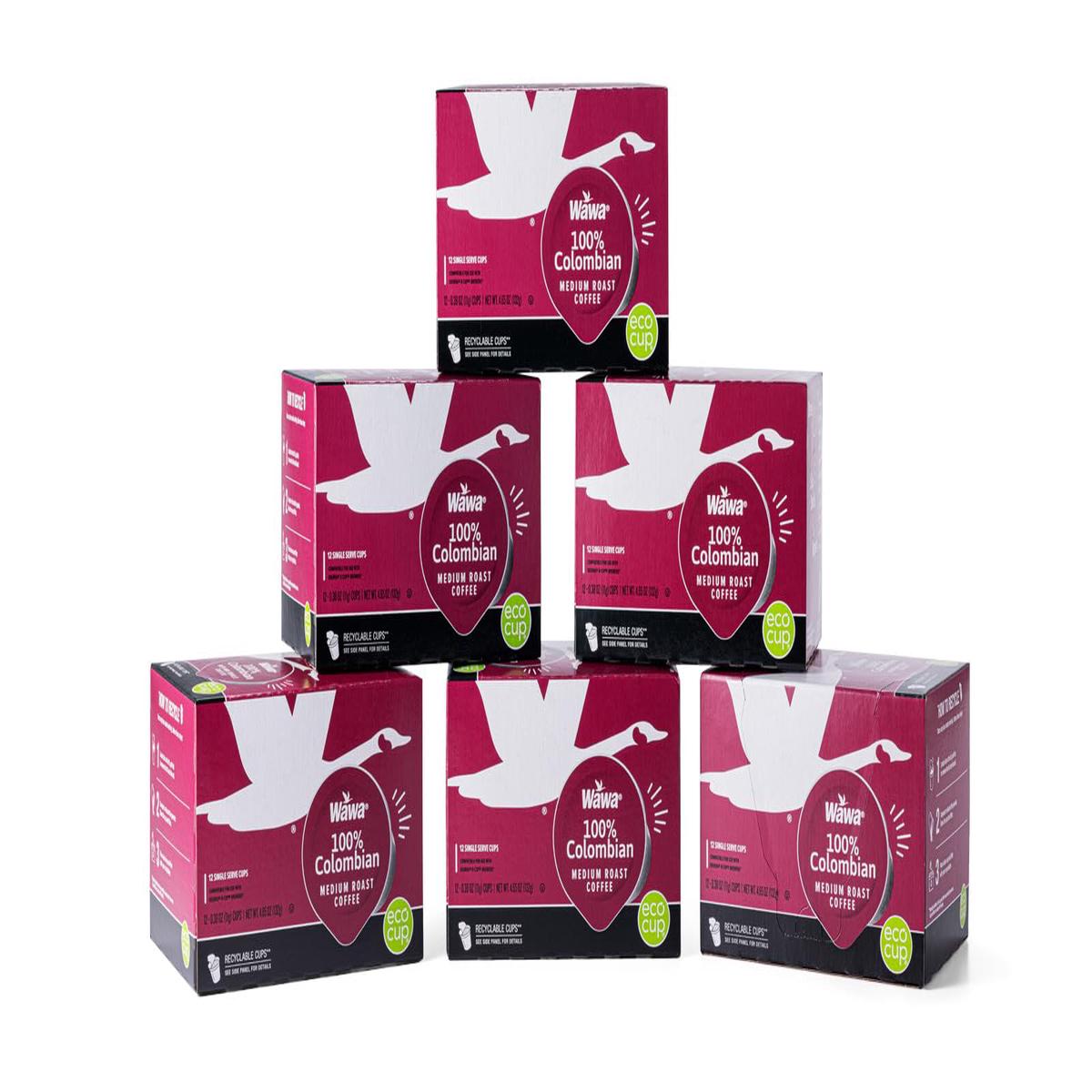 WAWA Colombian Medium Roast Coffee Pods, 72 Single Serve Pods in 6 Boxes, Chocolate & Fruit Notes, 100% Responsibly Sourced