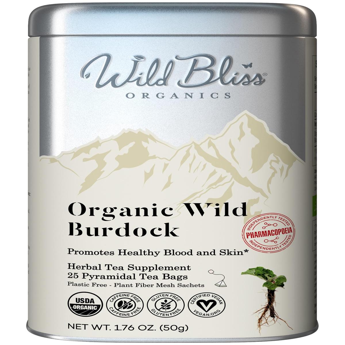 Wild Bliss Organic Burdock Root Tea - Caffeine Free Herbal Detox Support - Pharmacopoeia Quality - 25 Plant Based Tea Bags