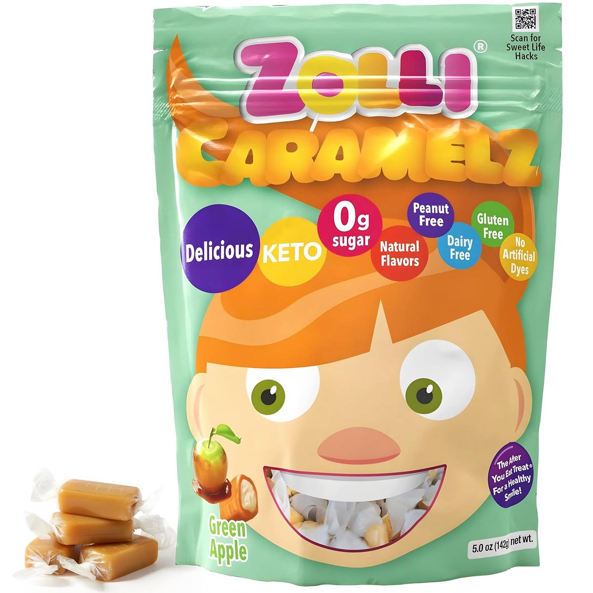 Zolli Caramelz Sugar-Free Candy - Creamy  Chewy  Dye-Free  Keto & Diabetic-Friendly Healthy Candy  Dentist-Approved  for Kids (Apple Green  5 oz)