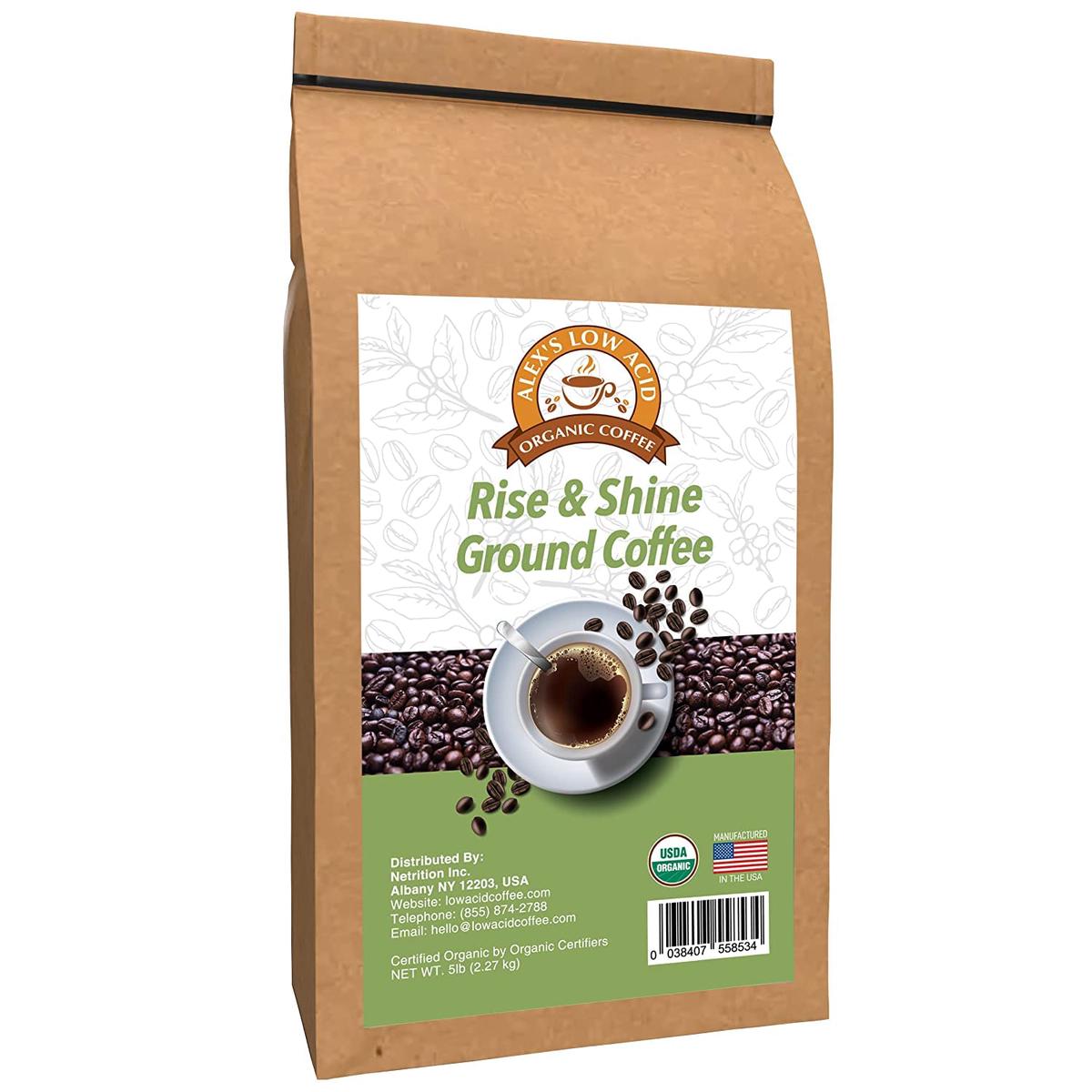 ALEXS LOW ACID ORGANIC COFFEE Fresh Ground Coffee 5lb Bag - 80 Ounce
