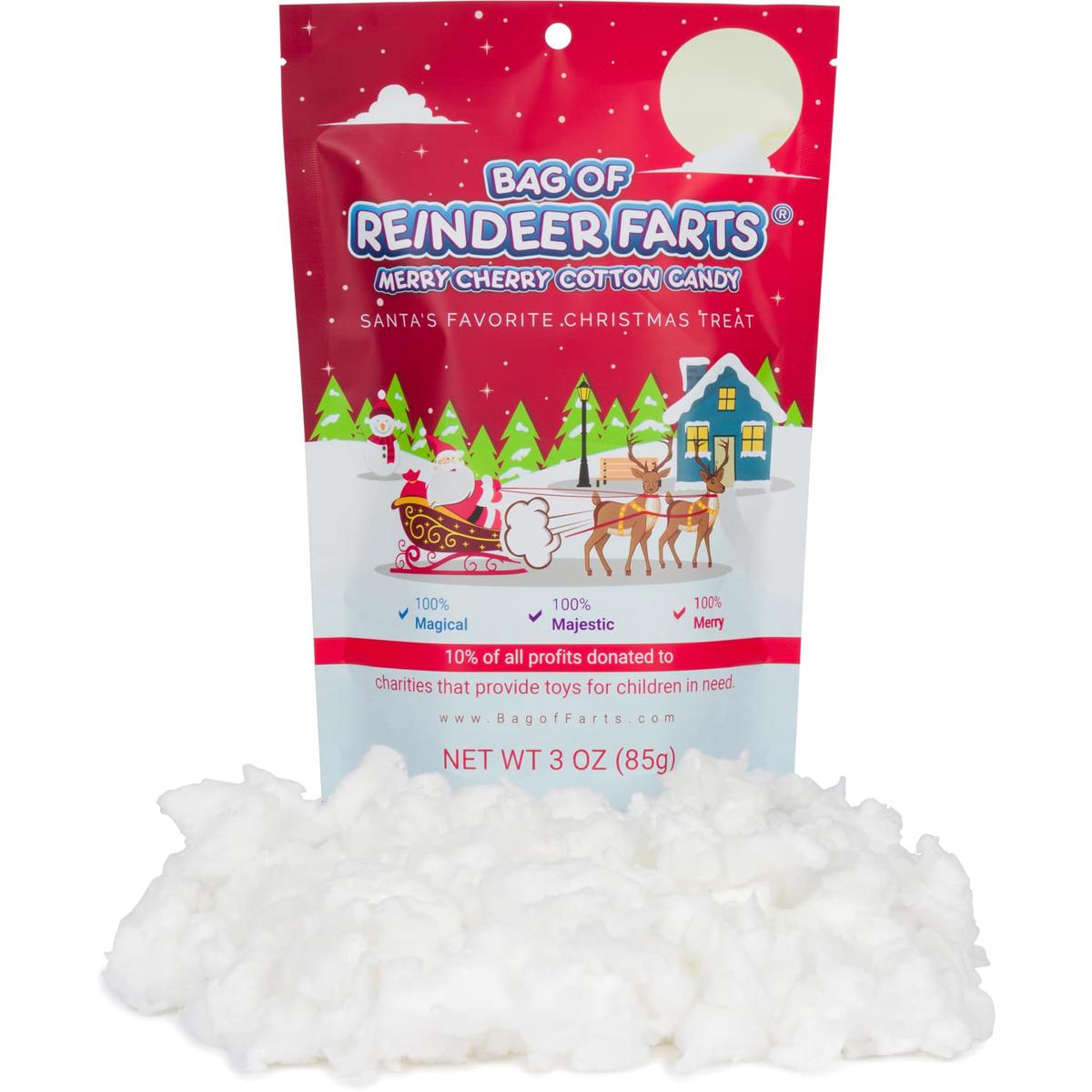 Bag of Reindeer Farts Cotton Candy, NEW Merry Cherry Flavor, 1 pack / 3 ounces, Funny Christmas Stocking Stuffer Present for Kid