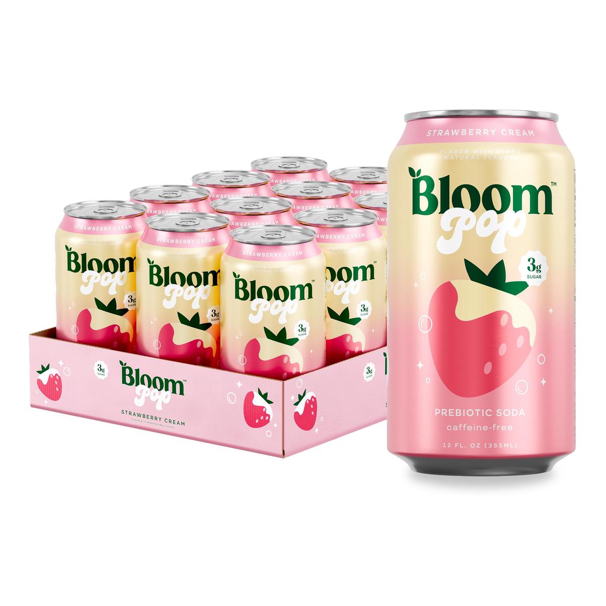 Bloom Pop Prebiotic Soda 12 Pack  Strawberry Cream Flavor  12oz Cans | Prebiotic Soda for Gut Health  Low Calorie Soda  No Caffeine  Healthy Soft Drink Alternative