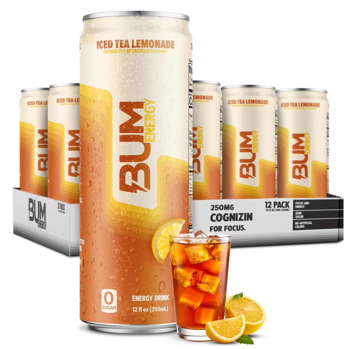 Bum Energy Sugar-Free Iced Tea Lemonade Drink, Natural Caffeine, 12 oz, Pack of 12