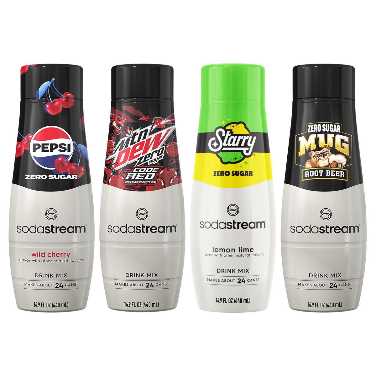 SodaStream Pepsi Wild Cherry  MTN Dew Code Red  Starry & Mug Root Variety Pack  Zero Sugar  440ml Pack of 4