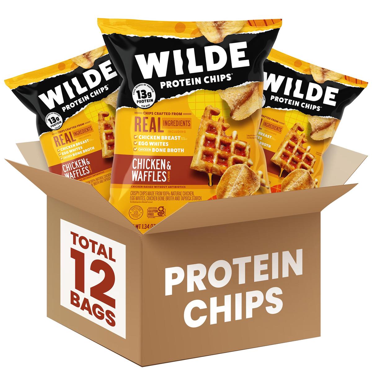 WILDE Protein Chips Chicken & Waffles, High Protein Snacks for Adults, Keto Chips, Gluten Free, Low Carb Snack Box Made with Rea